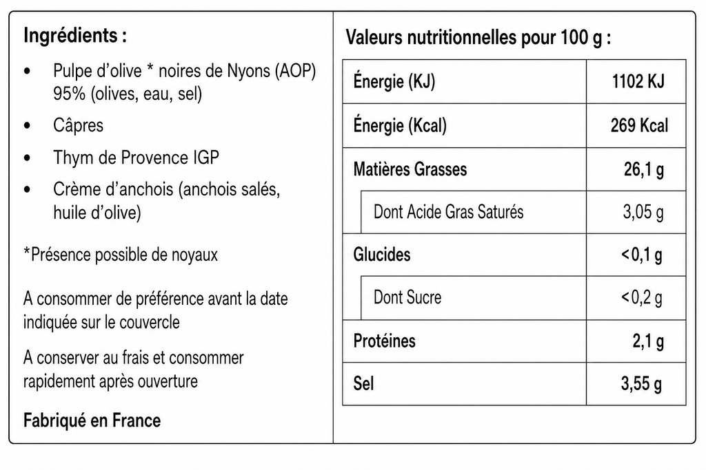 Tapenade Noire à base d'olives de Nyons A.O.P