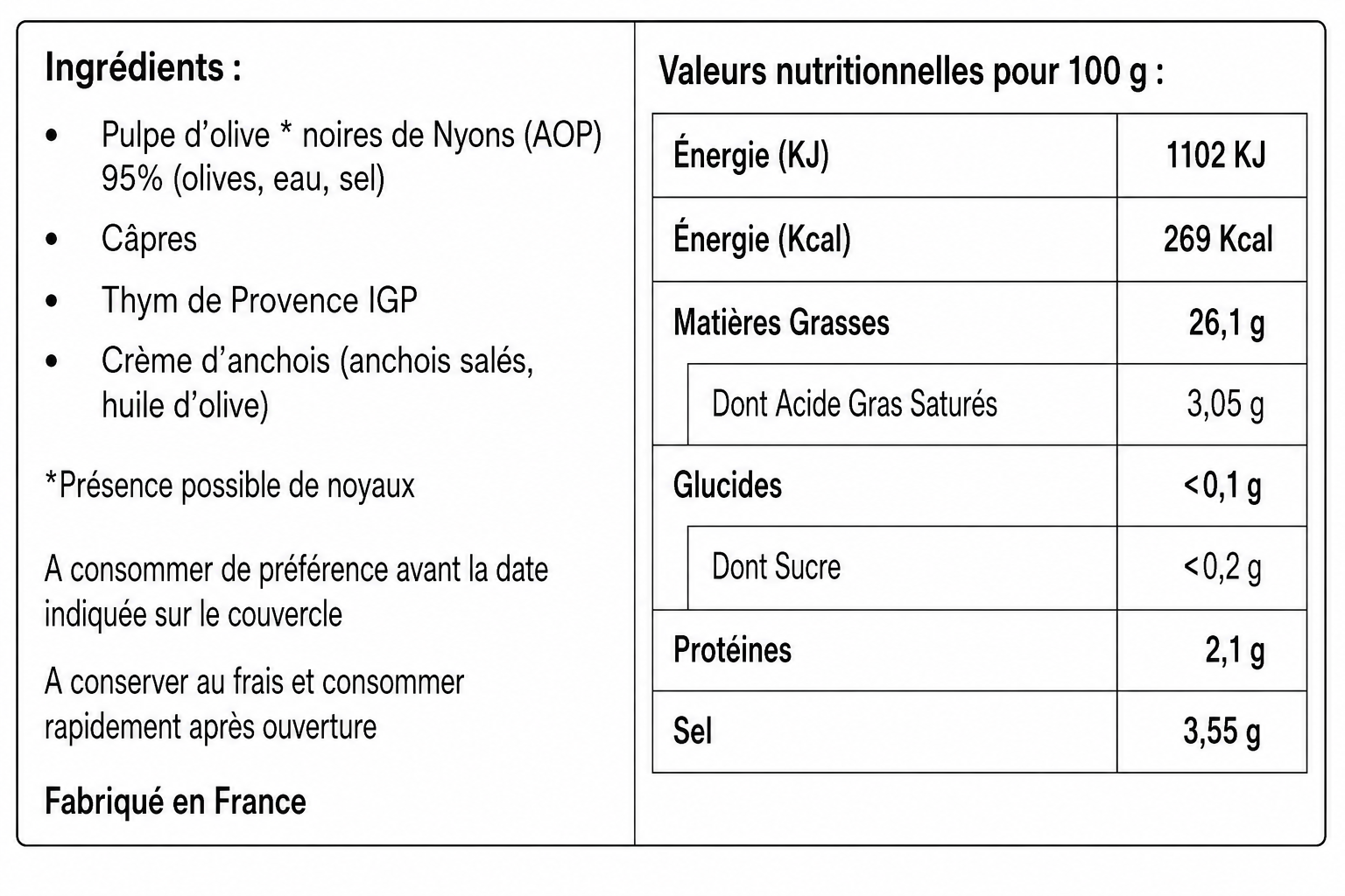 Tapenade Noire à base d'olives de Nyons A.O.P